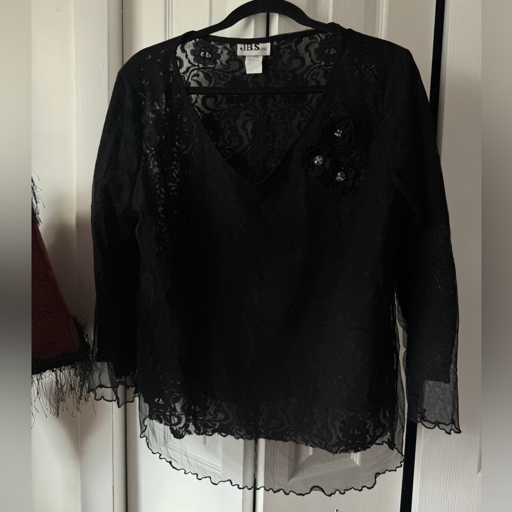 J.B.S. Black Lace V-Neck Top with Floral Appliqués